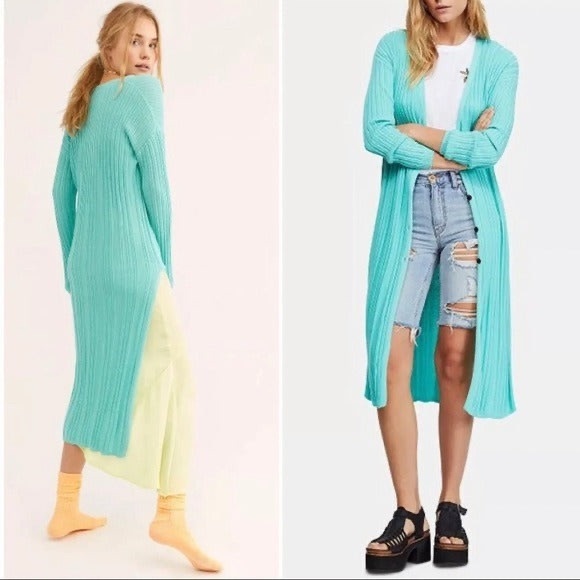 Free People Skinny Light Torquoise Ribbed Maxi Cardigan - Picture 3 of 6